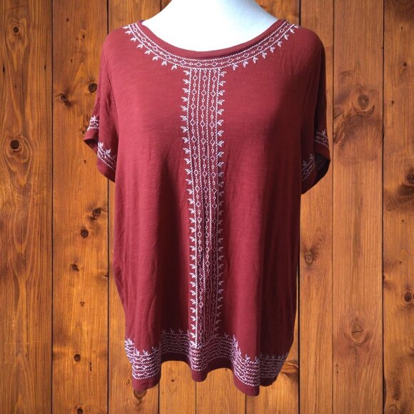 RAFAELLA WOMEN'S LARGE SHORT SLEEVE RED WHITE EMBROIDERED PULLOVER TOP - Picture 2 of 7